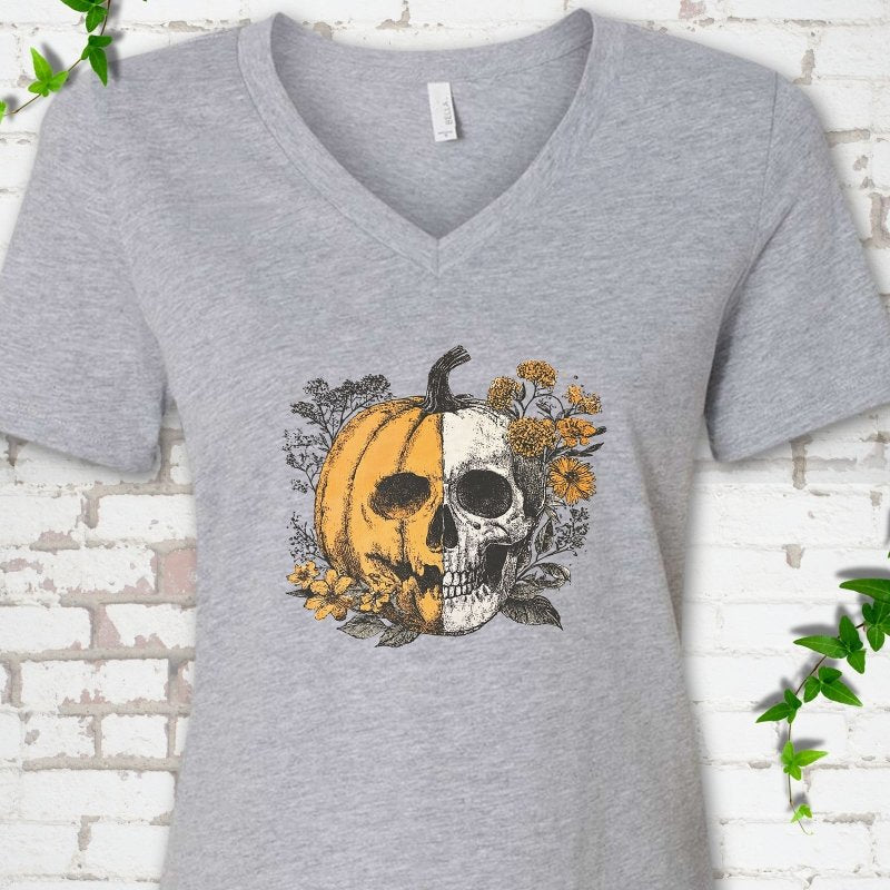 Pumpkin Skull V-Neck T-Shirt