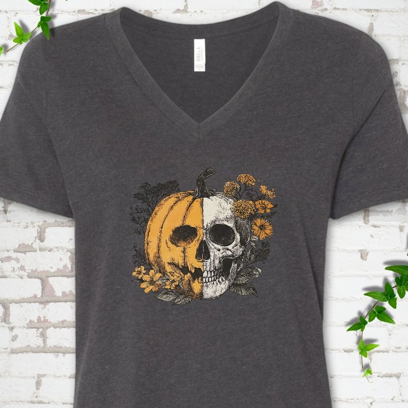 Pumpkin Skull V-Neck T-Shirt