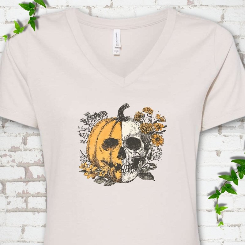 Pumpkin Skull V-Neck T-Shirt