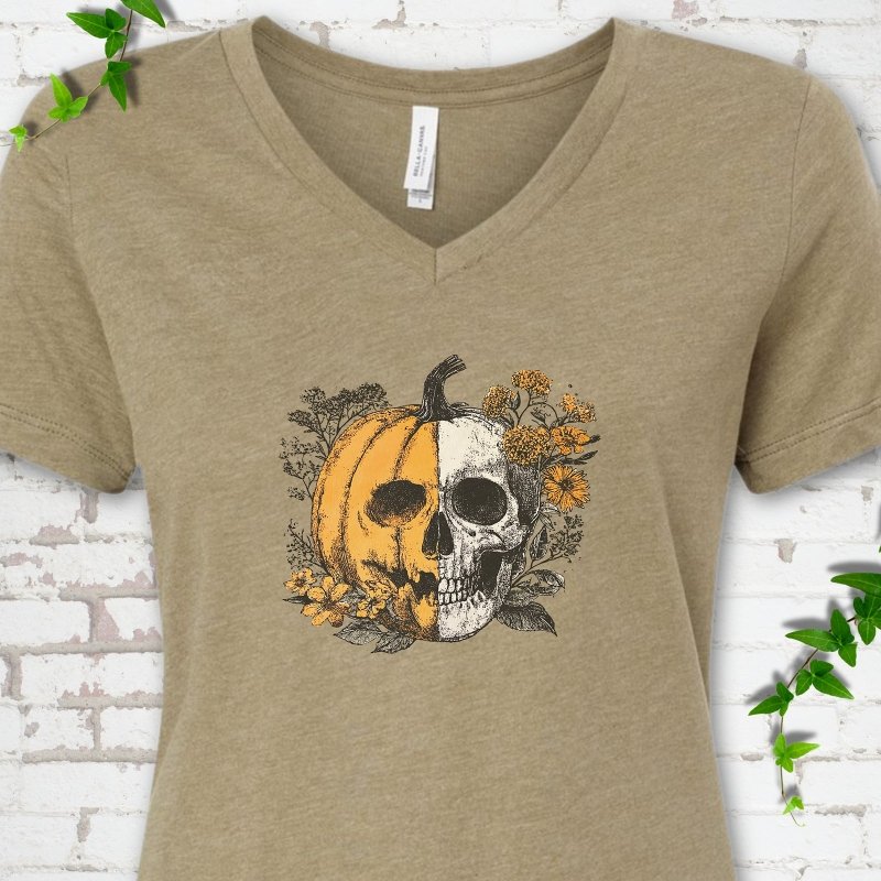 Pumpkin Skull V-Neck T-Shirt