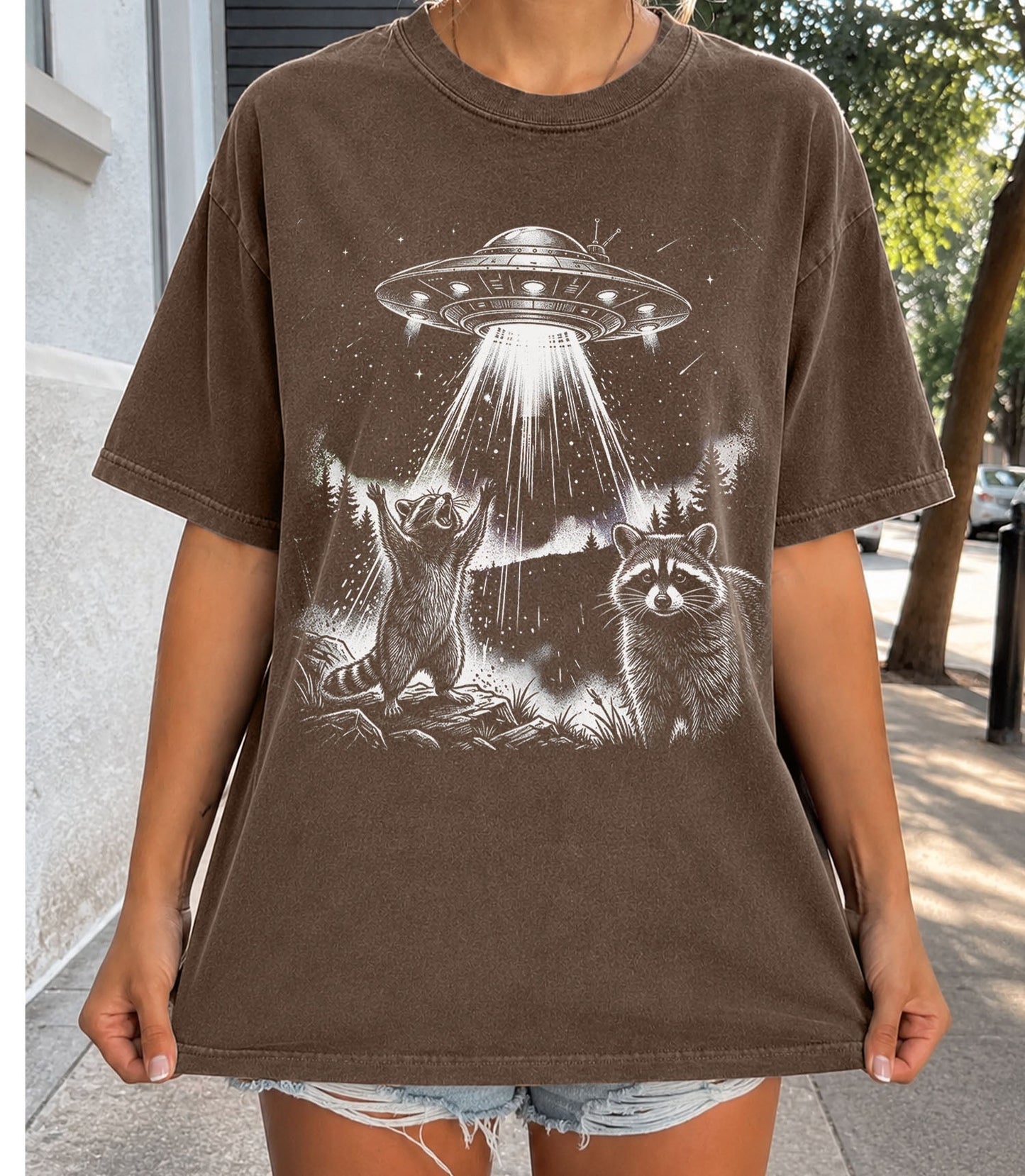 Raccoon UFO Alien Invasion T-shirt