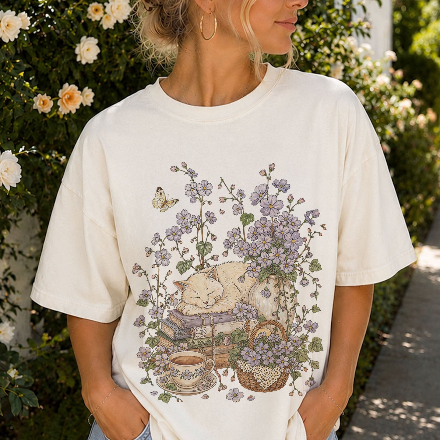 Sleeping Cat Purple Wildflower T-Shirt