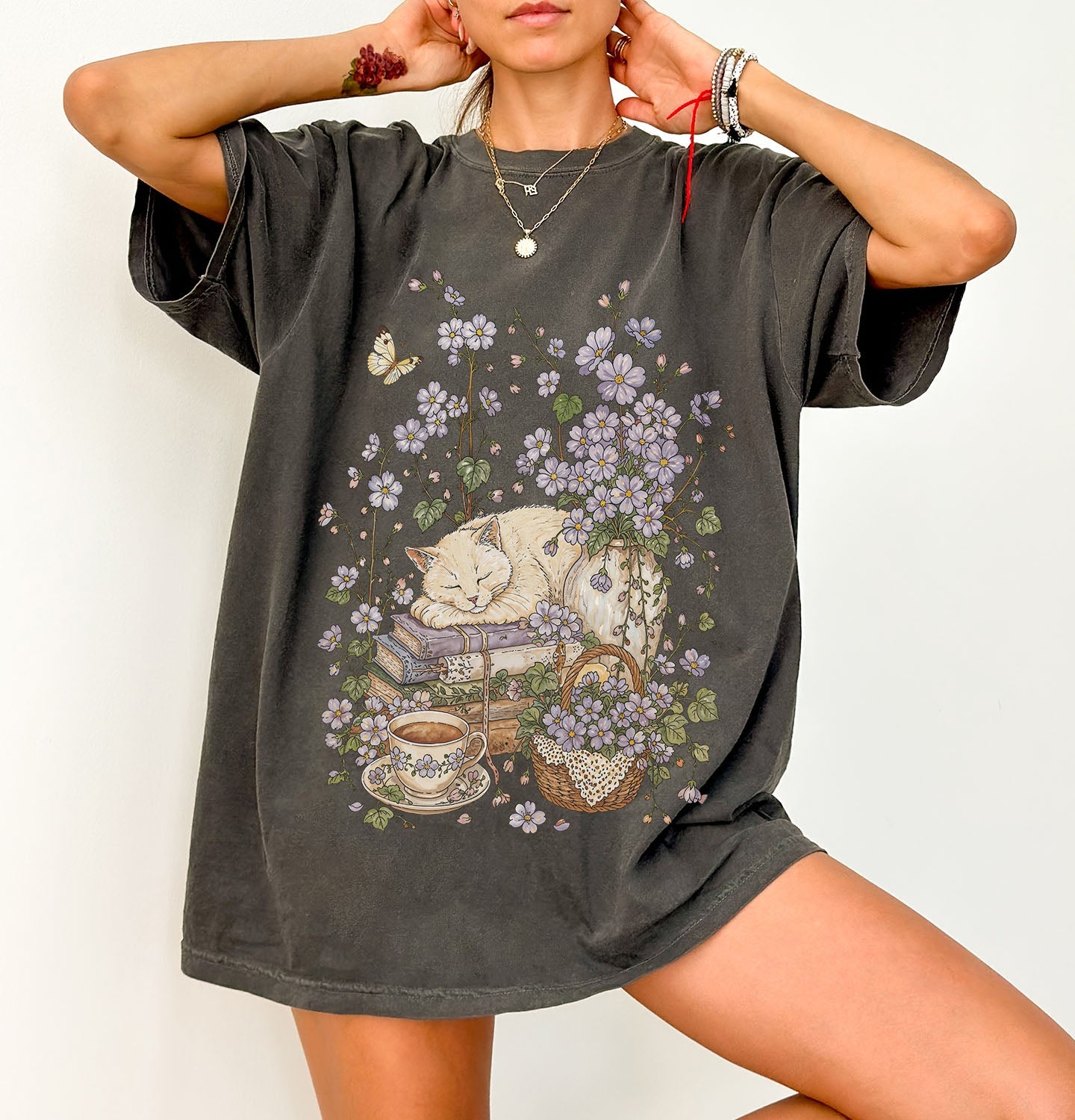 Sleeping Cat Purple Wildflower T-Shirt