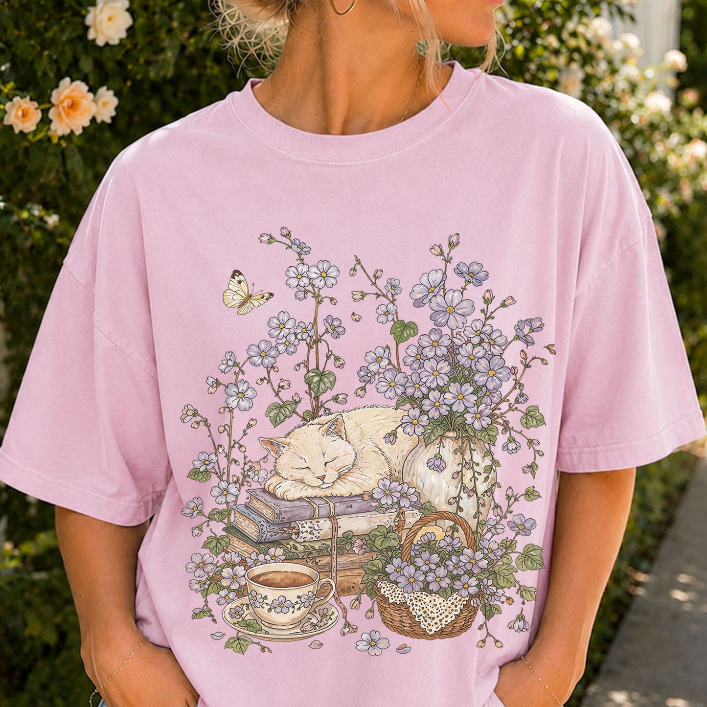 Sleeping Cat Purple Wildflower T-Shirt