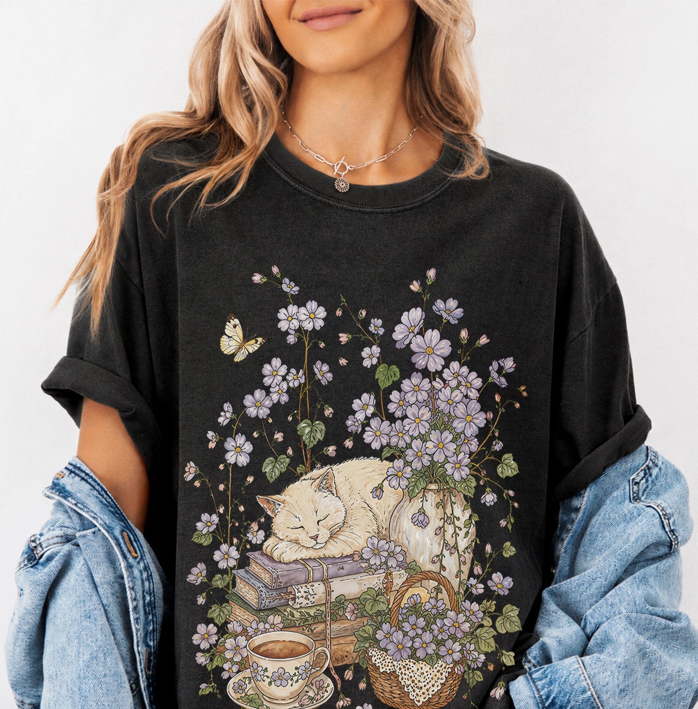 Sleeping Cat Purple Wildflower T-Shirt