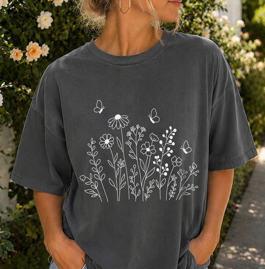 White Wildflower Sketch T-Shirt
