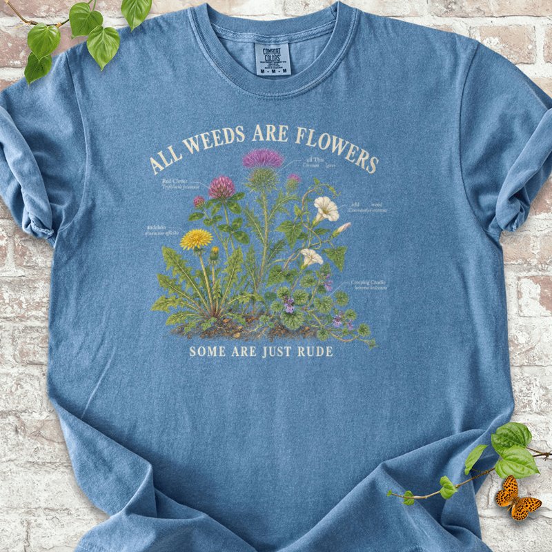 All Weeds Are Flowers Botanical Guide T-Shirt in Blue Jean – PlotlyGarden