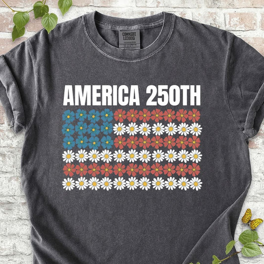 America 250th Flowers Flag T-Shirt