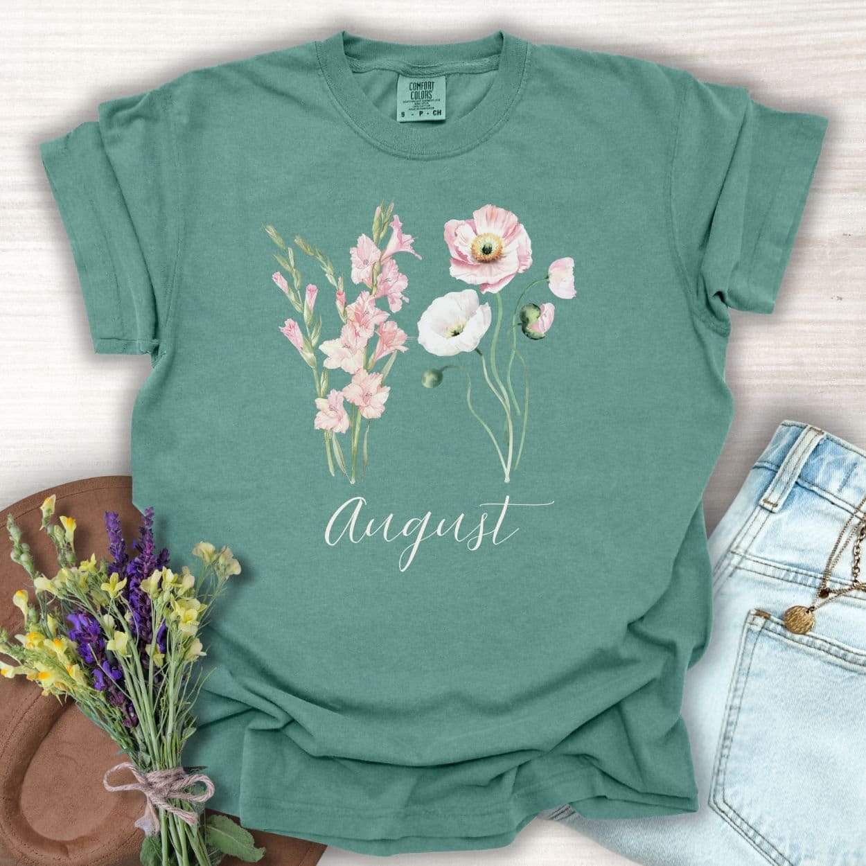 August Birth Month Flower T-Shirt - Gladiolus & Poppy