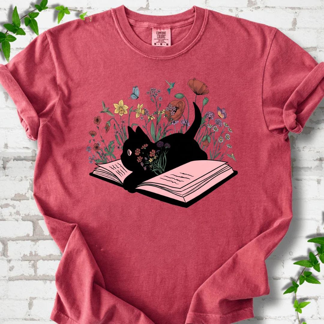 Black Cat and Flowers T-Shirt