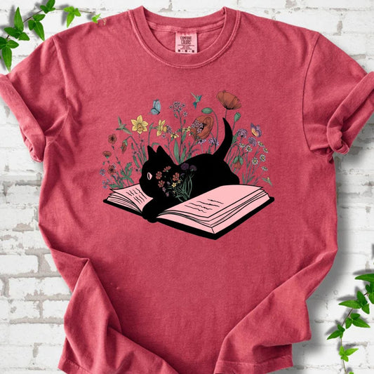 Black Cat and Flowers T-Shirt
