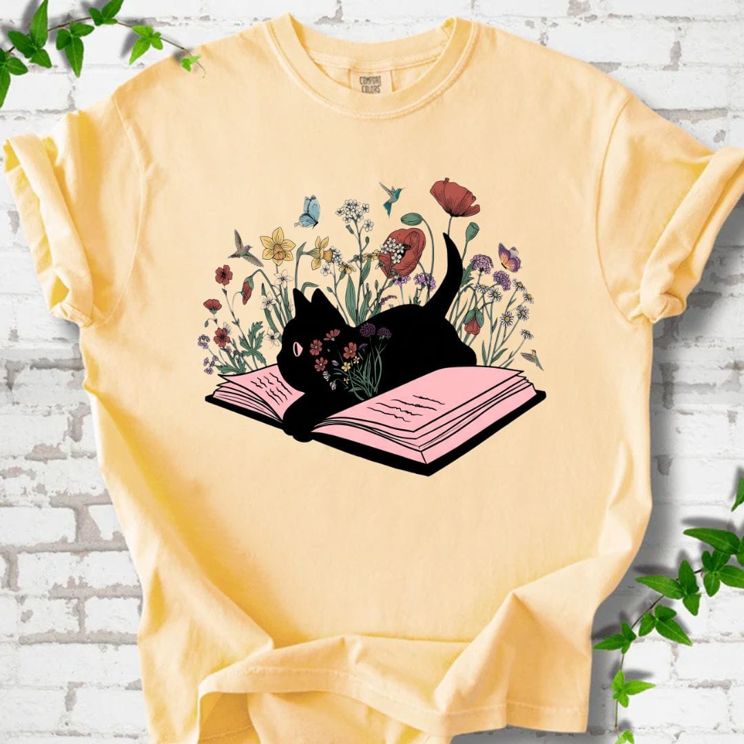 Black Cat and Flowers T-Shirt