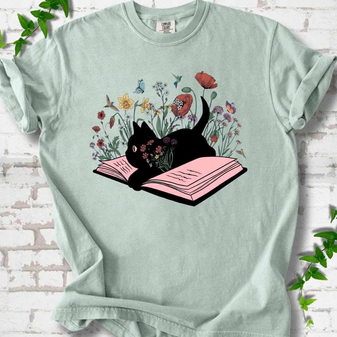 Black Cat and Flowers T-Shirt
