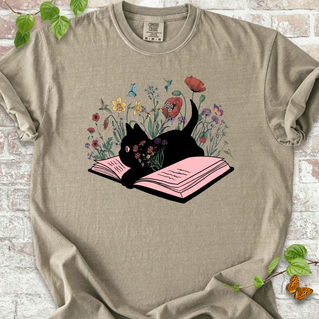 Black Cat and Flowers T-Shirt