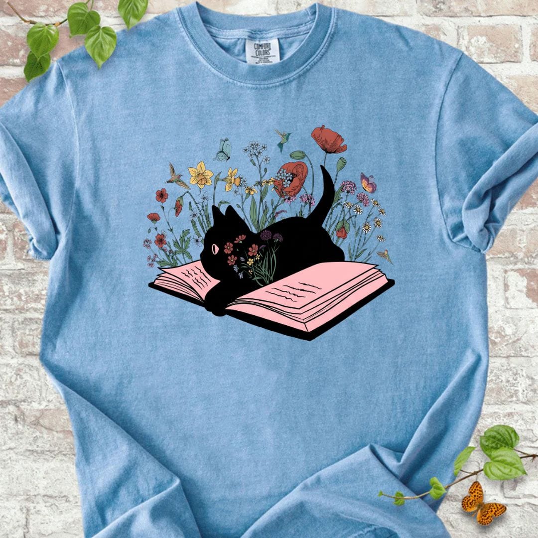 Black Cat and Flowers T-Shirt