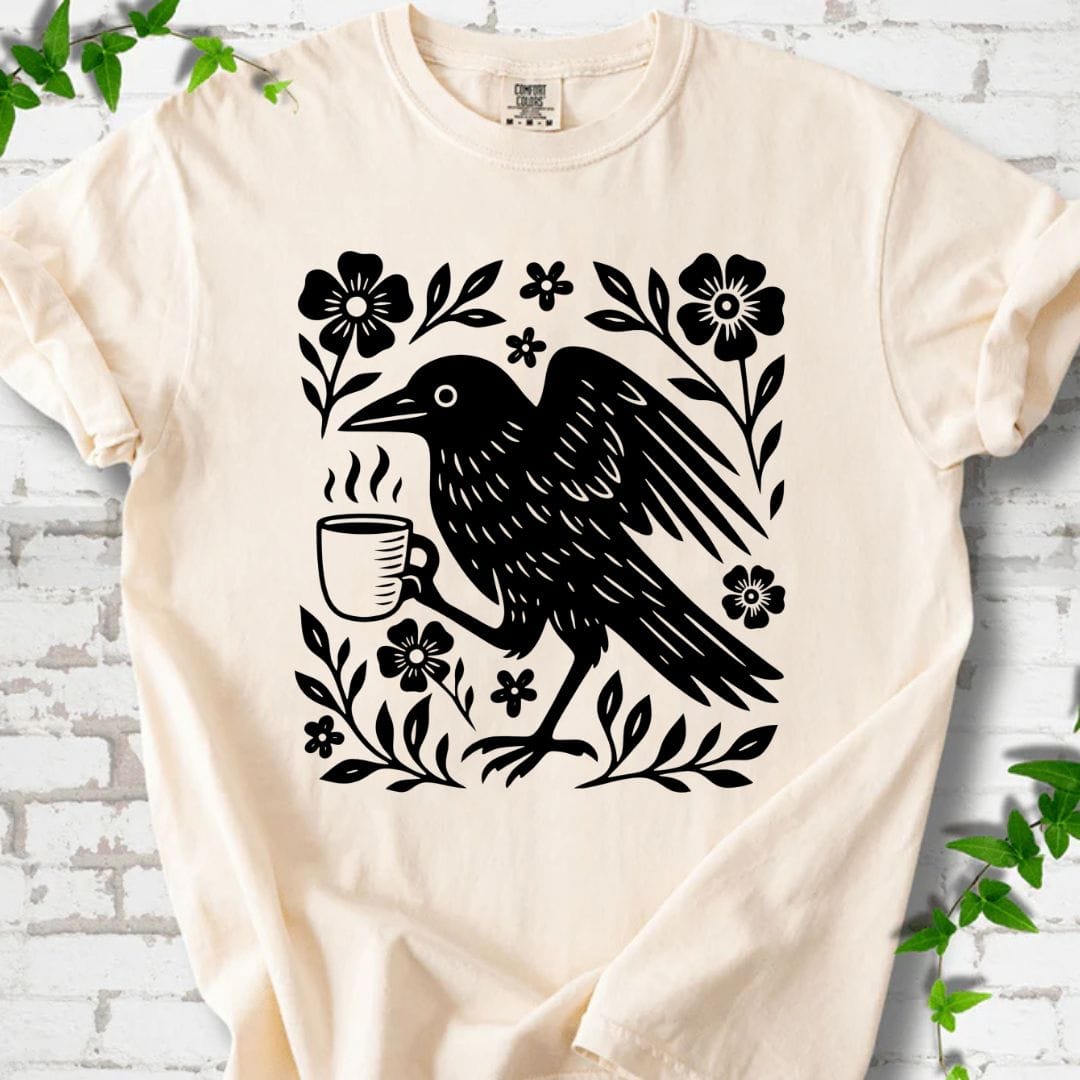 Black Crow and Flowers T-Shirt