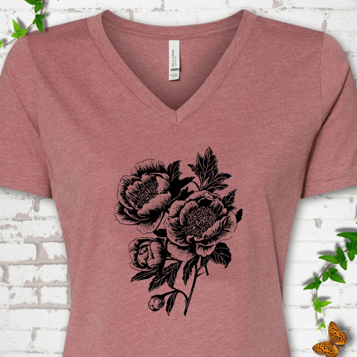 Black Floral V-Neck T-Shirt