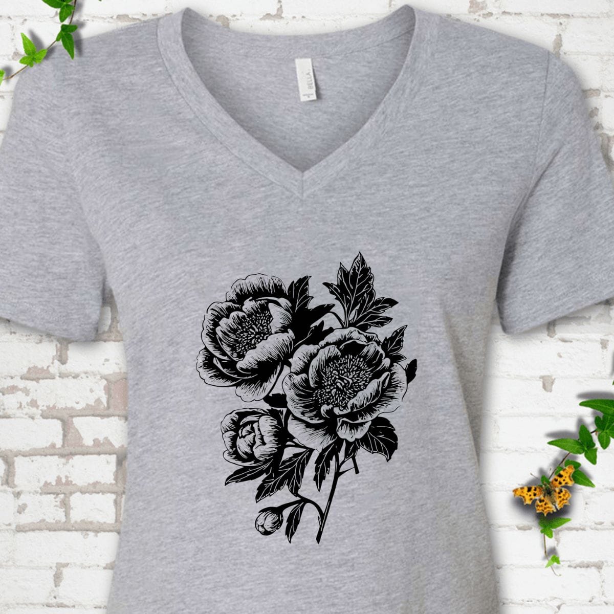 Black Floral V-Neck T-Shirt