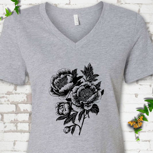 Black Floral V-Neck T-Shirt