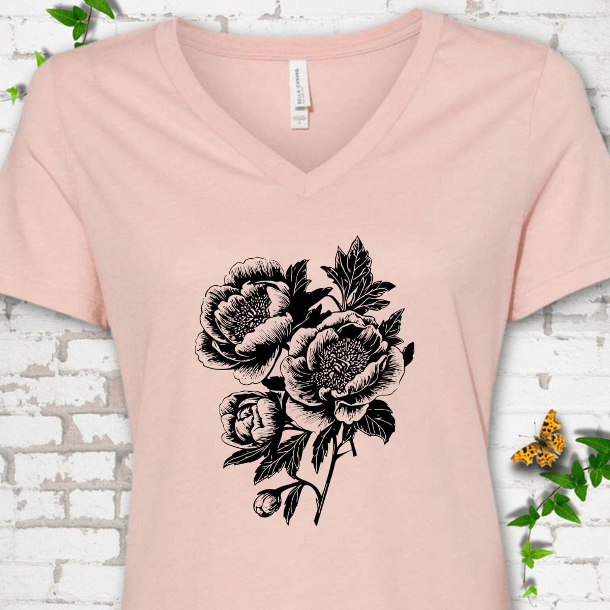 Black Floral V-Neck T-Shirt