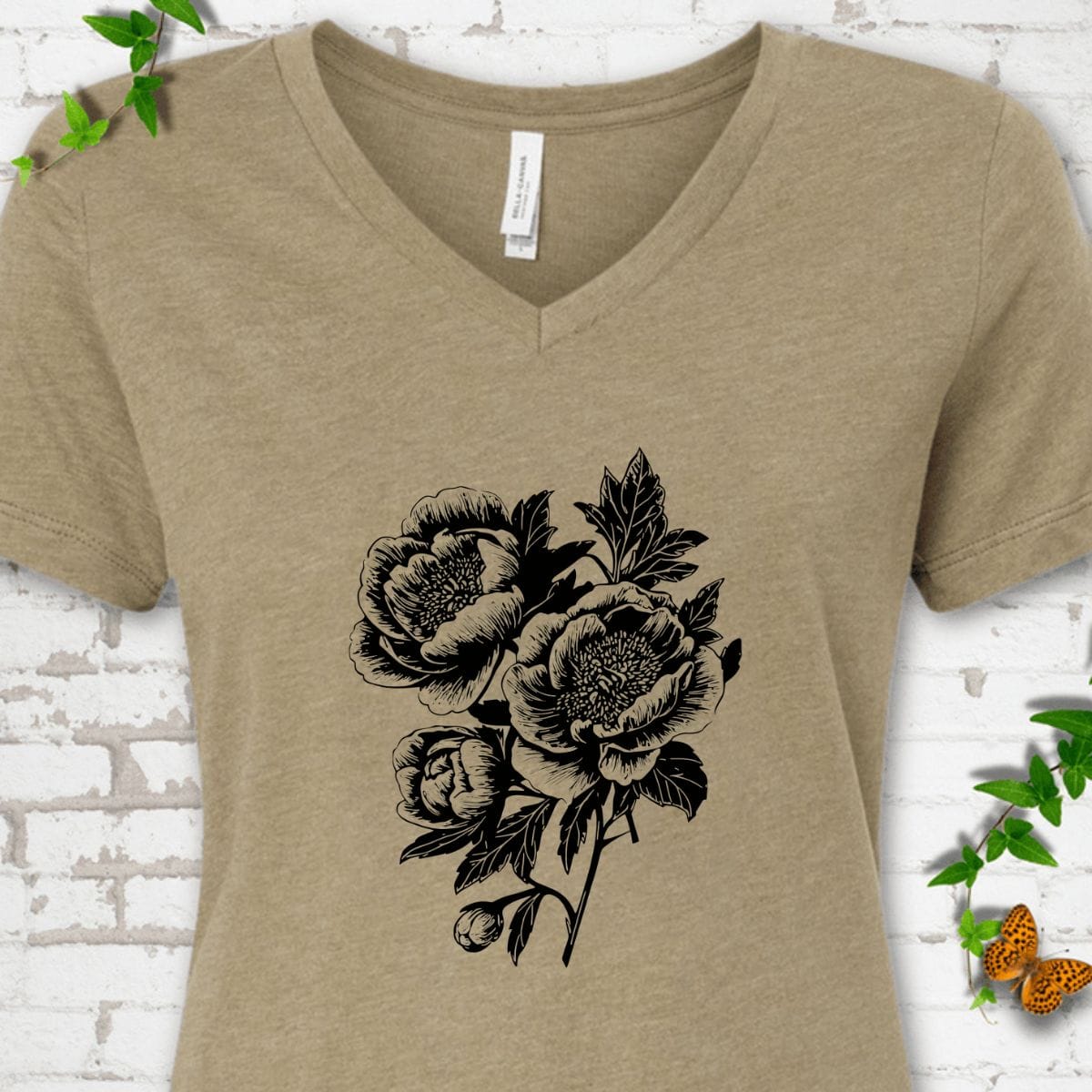 Black Floral V-Neck T-Shirt