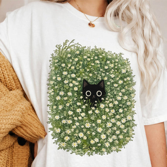 Black Cat Amongst Wildflowers Daisy T-Shirt