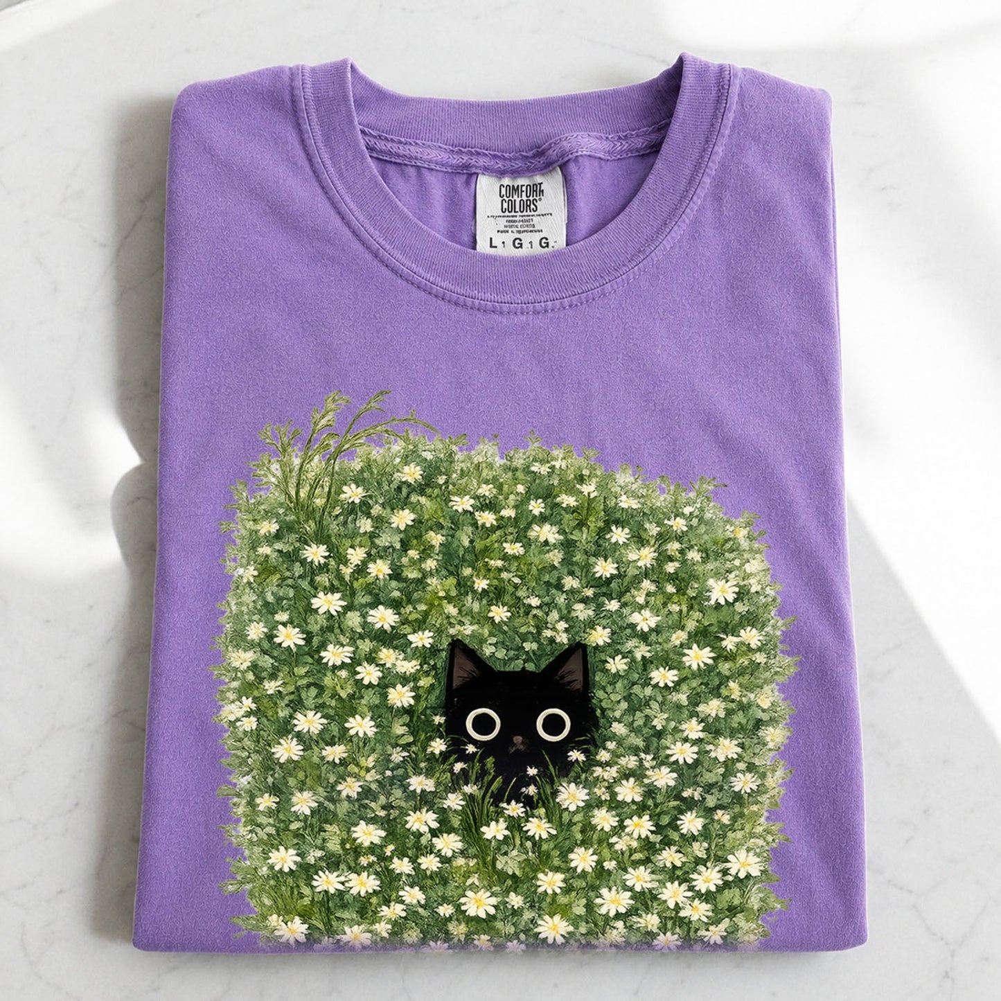 Black Cat Amongst Wildflowers Daisy T-Shirt