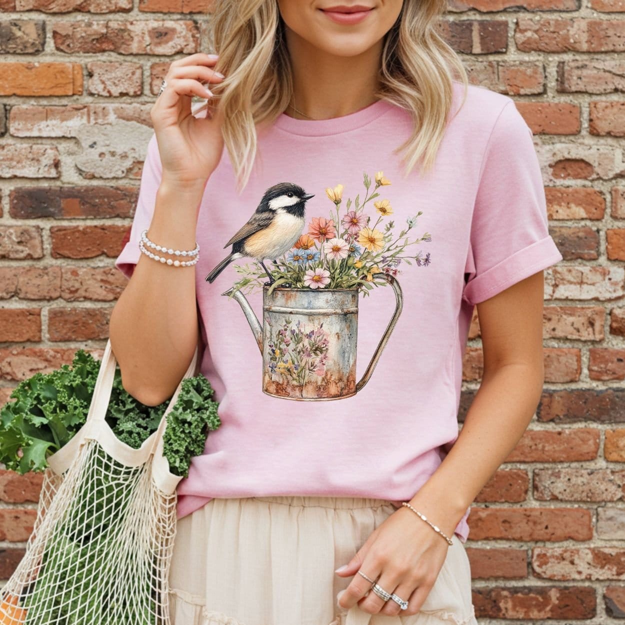 Chickadee in Summer Floral Watering Can T-Shirt