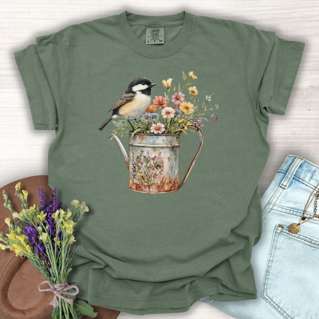 Chickadee in Summer Floral Watering Can T-Shirt