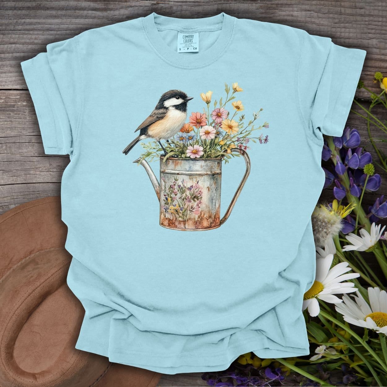 Chickadee in Summer Floral Watering Can T-Shirt