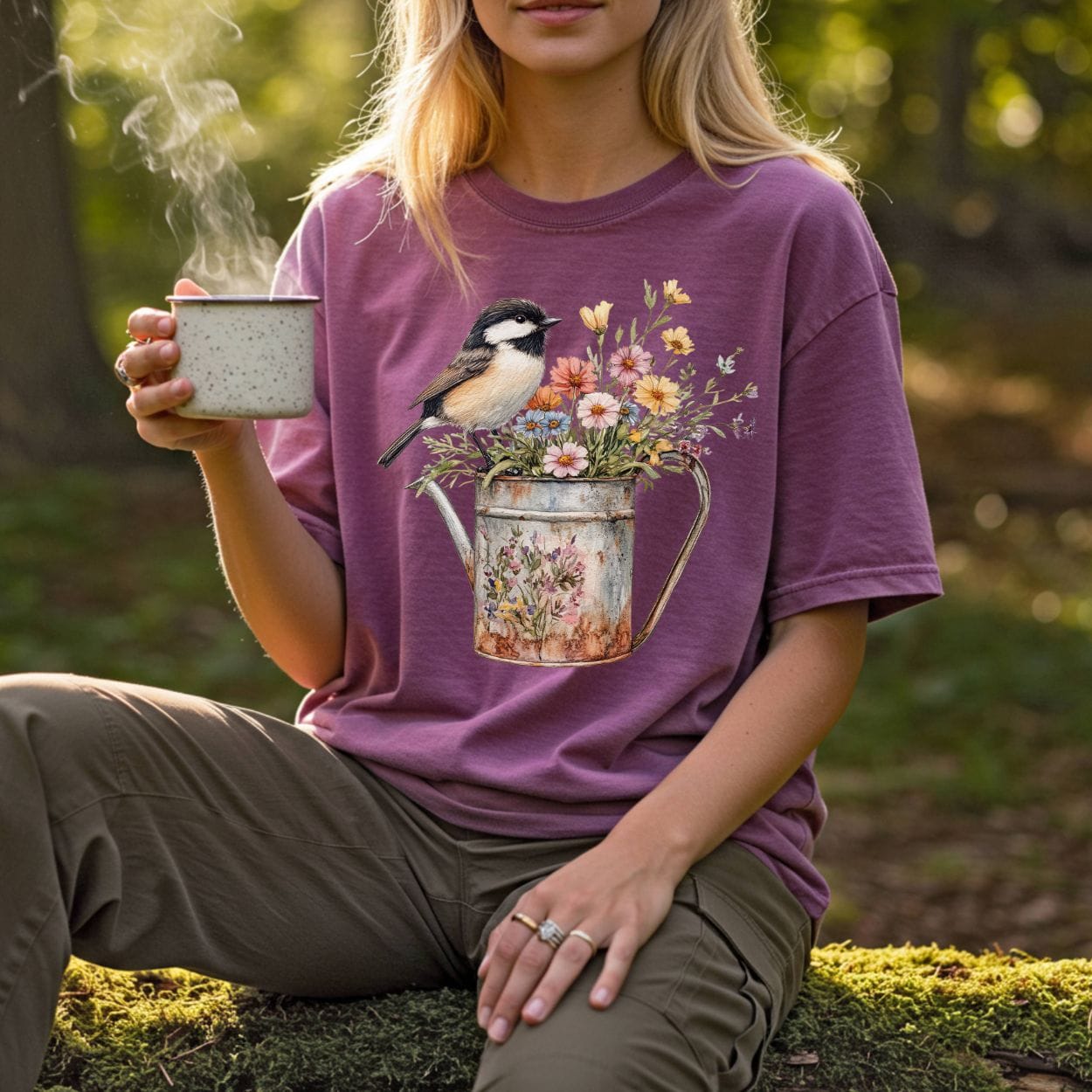 Chickadee in Summer Floral Watering Can T-Shirt
