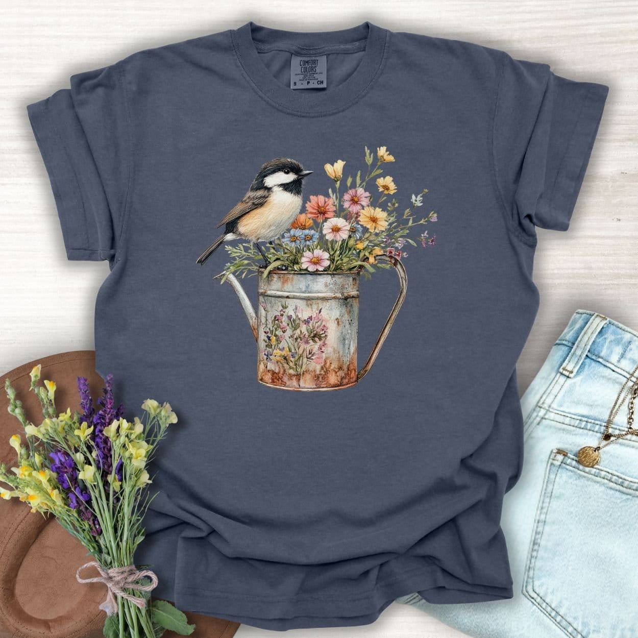 Chickadee in Summer Floral Watering Can T-Shirt