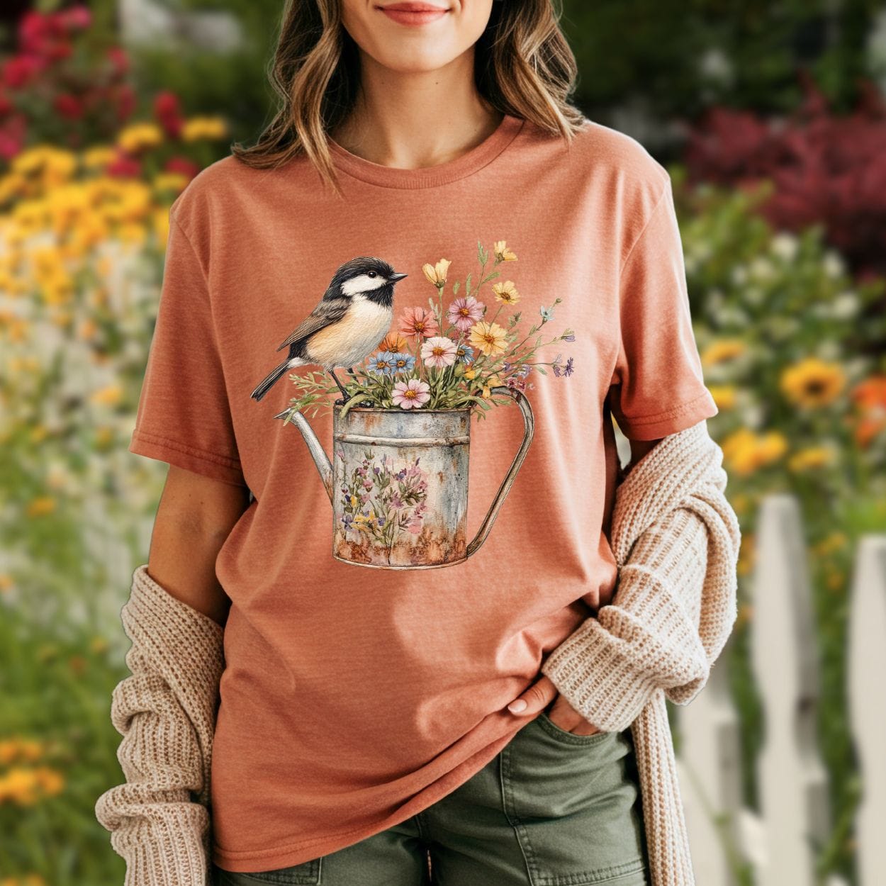 Chickadee in Summer Floral Watering Can T-Shirt