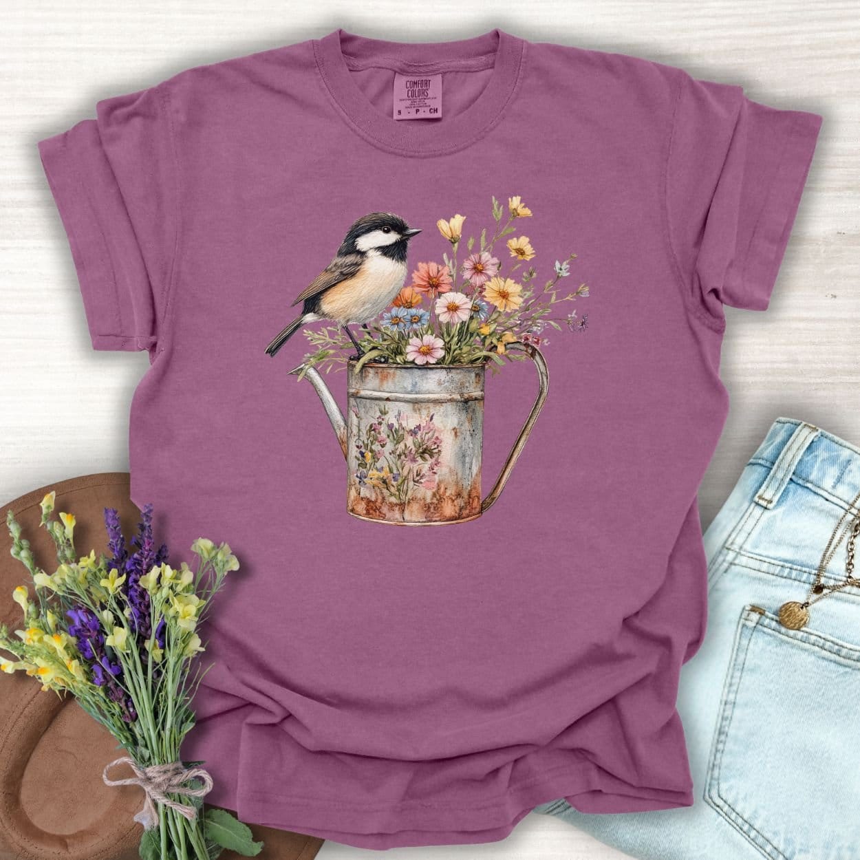 Chickadee in Summer Floral Watering Can T-Shirt