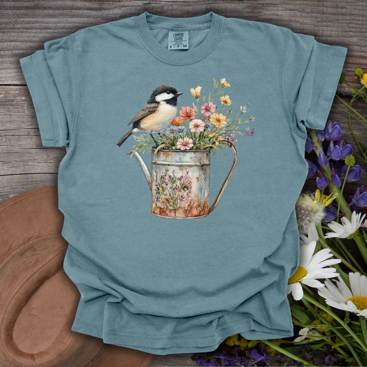 Chickadee in Summer Floral Watering Can T-Shirt