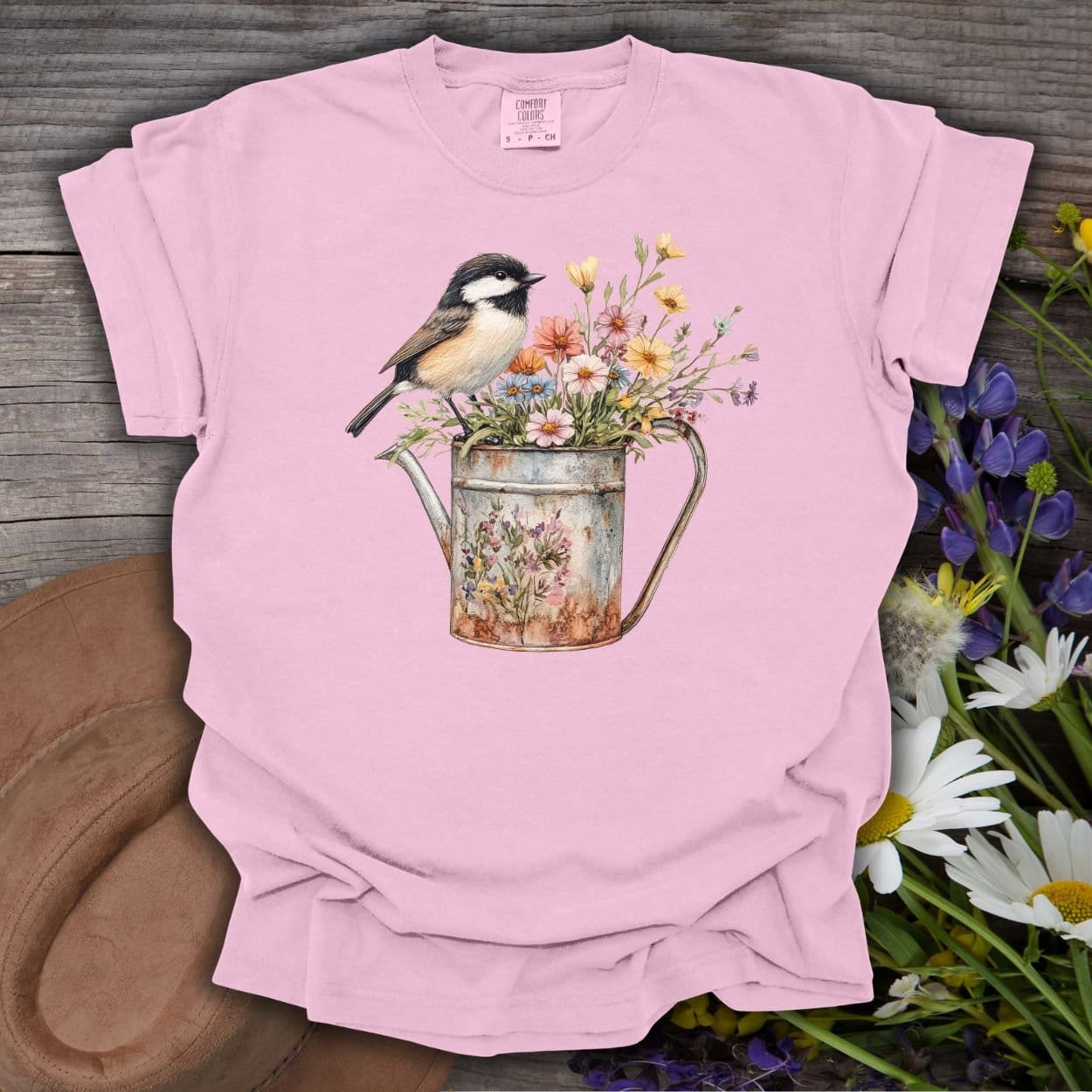 Chickadee in Summer Floral Watering Can T-Shirt