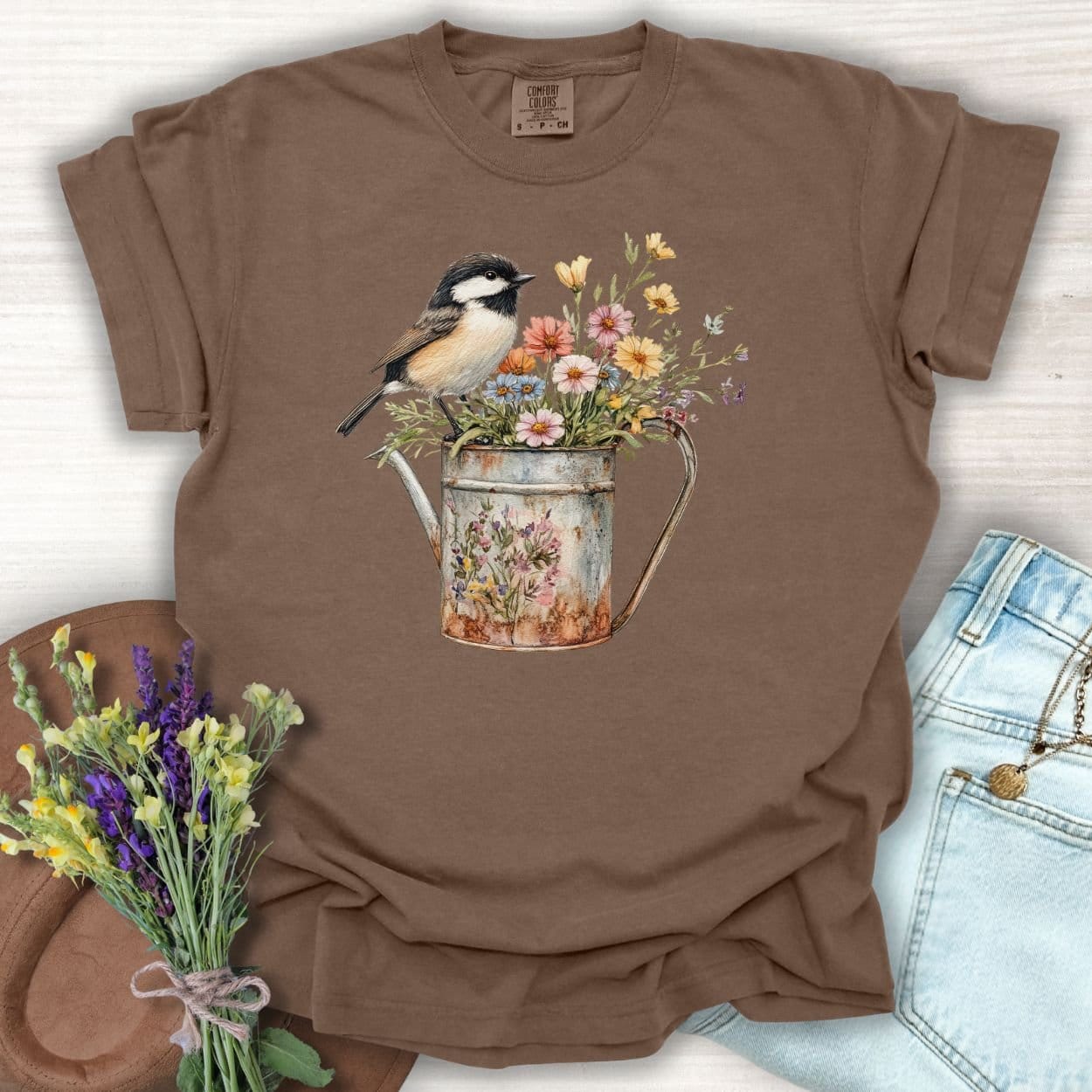 Chickadee in Summer Floral Watering Can T-Shirt