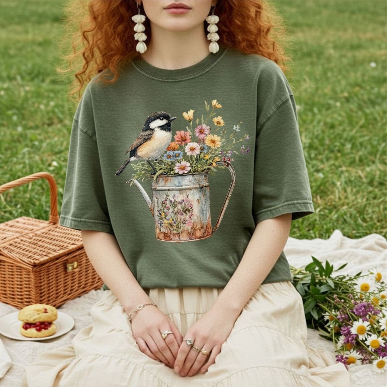 Chickadee in Summer Floral Watering Can T-Shirt