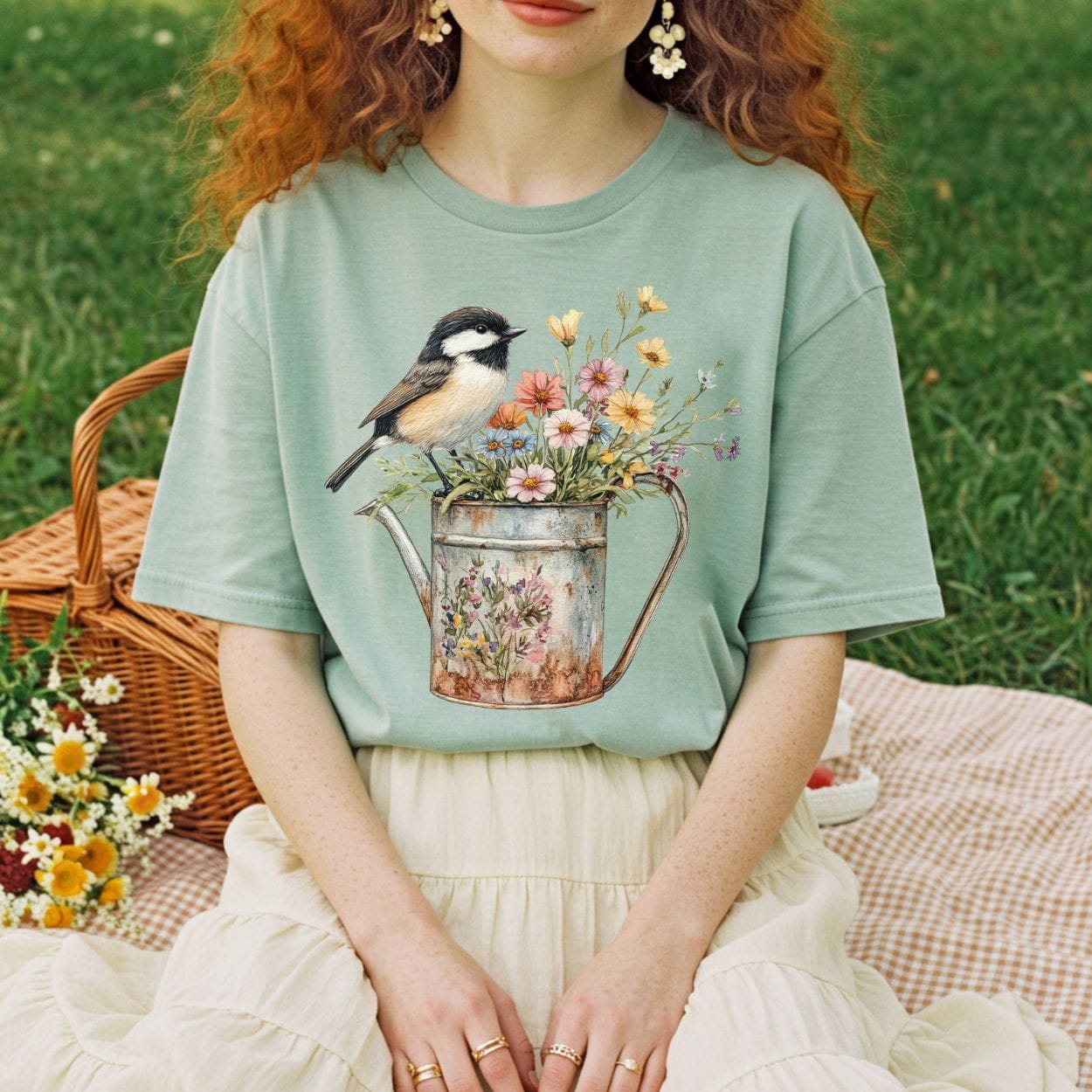 Chickadee in Summer Floral Watering Can T-Shirt