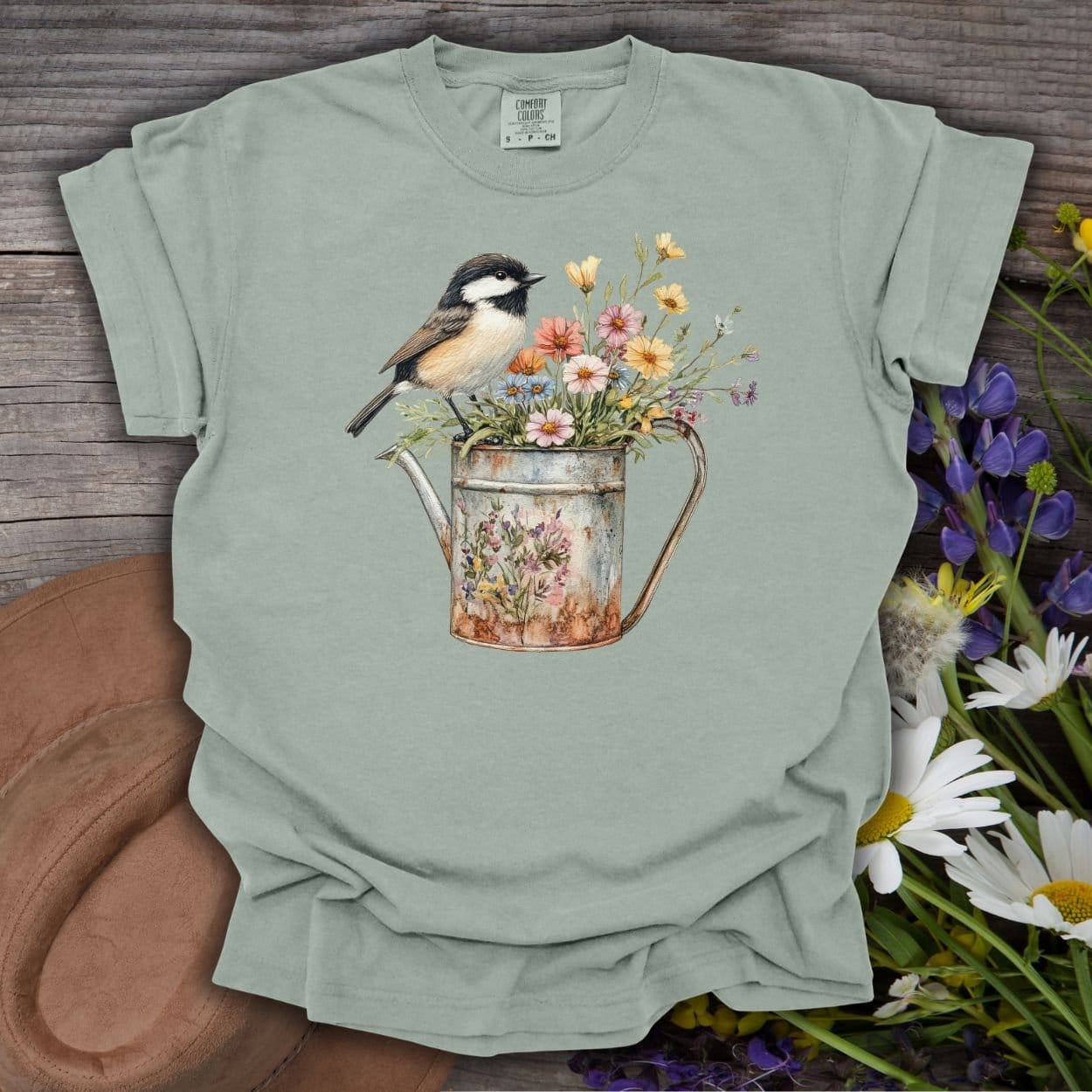 Chickadee in Summer Floral Watering Can T-Shirt