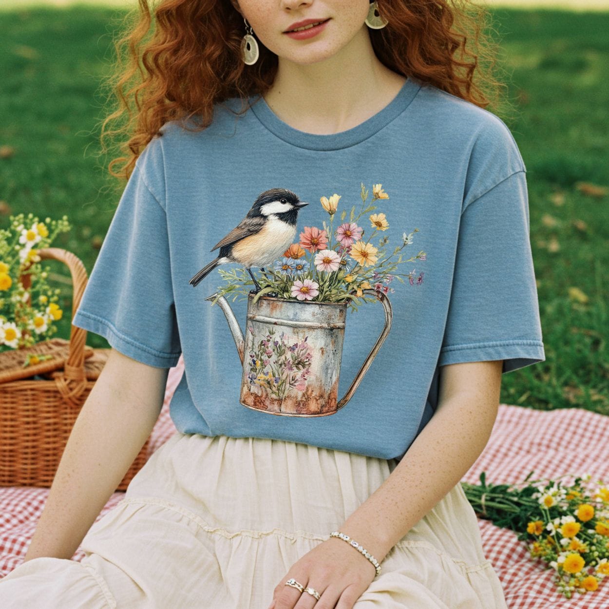 Chickadee in Summer Floral Watering Can T-Shirt