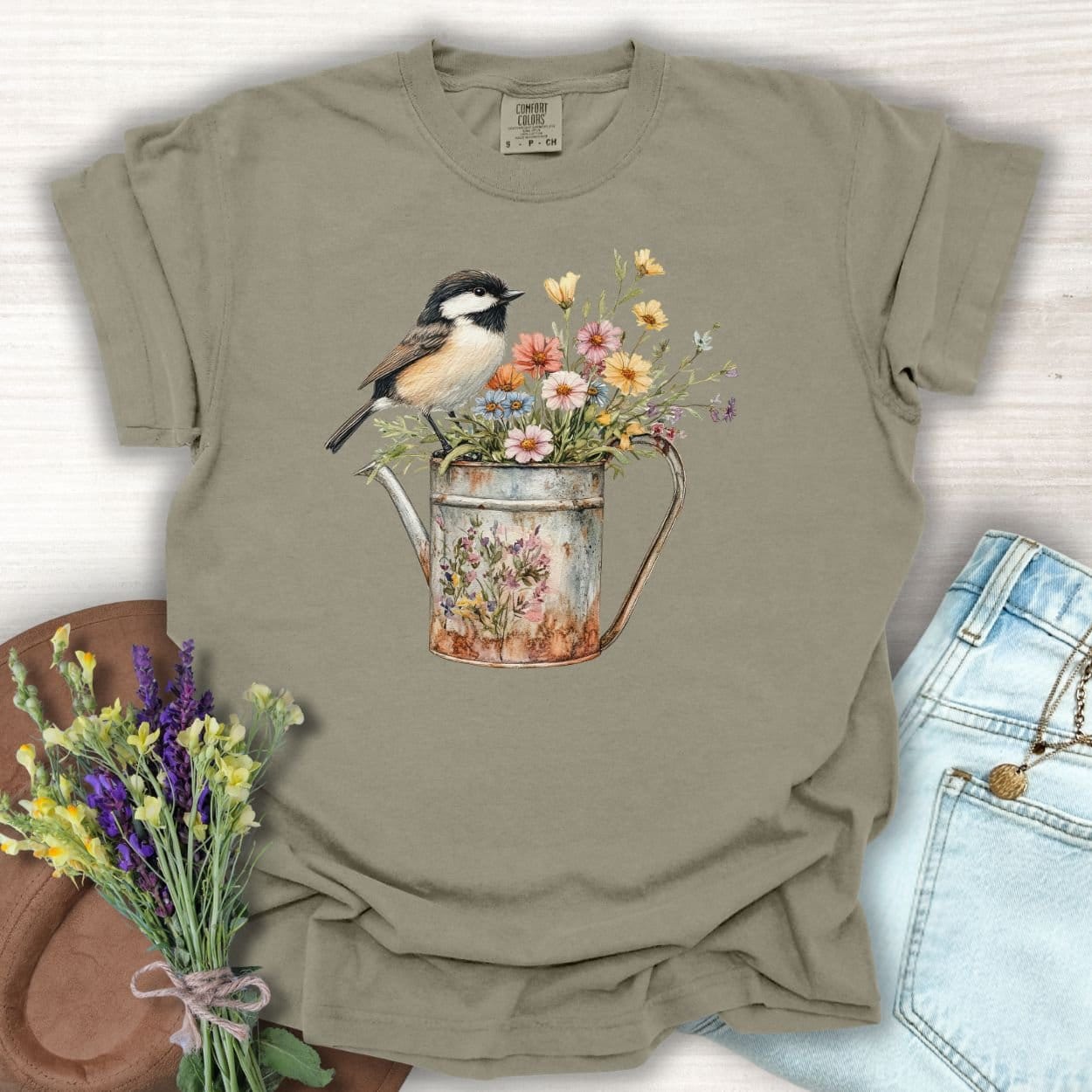 Chickadee in Summer Floral Watering Can T-Shirt