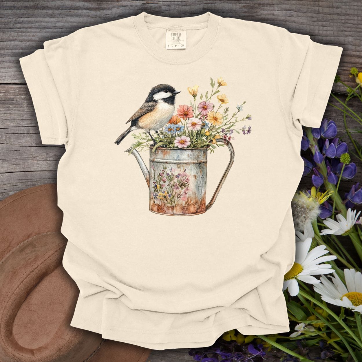 Chickadee in Summer Floral Watering Can T-Shirt