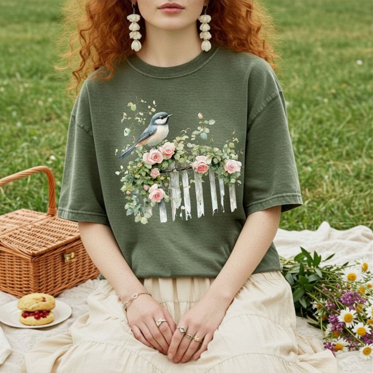 Chickadee on Rose Garden Fence T-Shirt