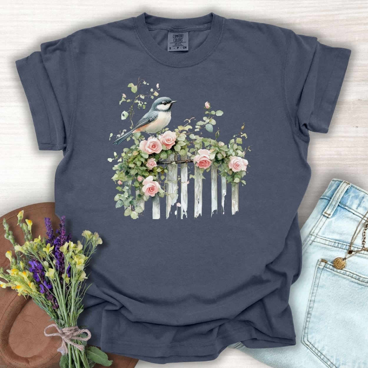 Chickadee on Rose Garden Fence T-Shirt