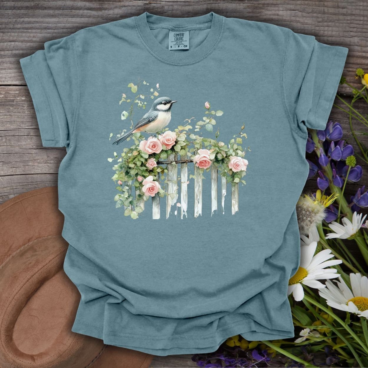 Chickadee on Rose Garden Fence T-Shirt