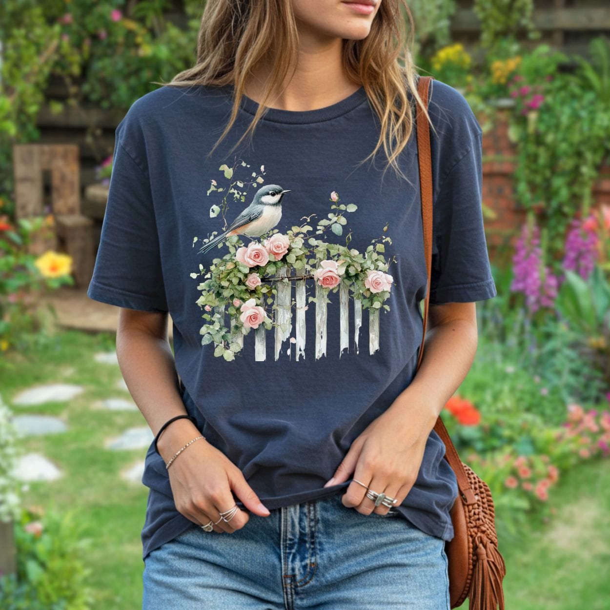Chickadee on Rose Garden Fence T-Shirt