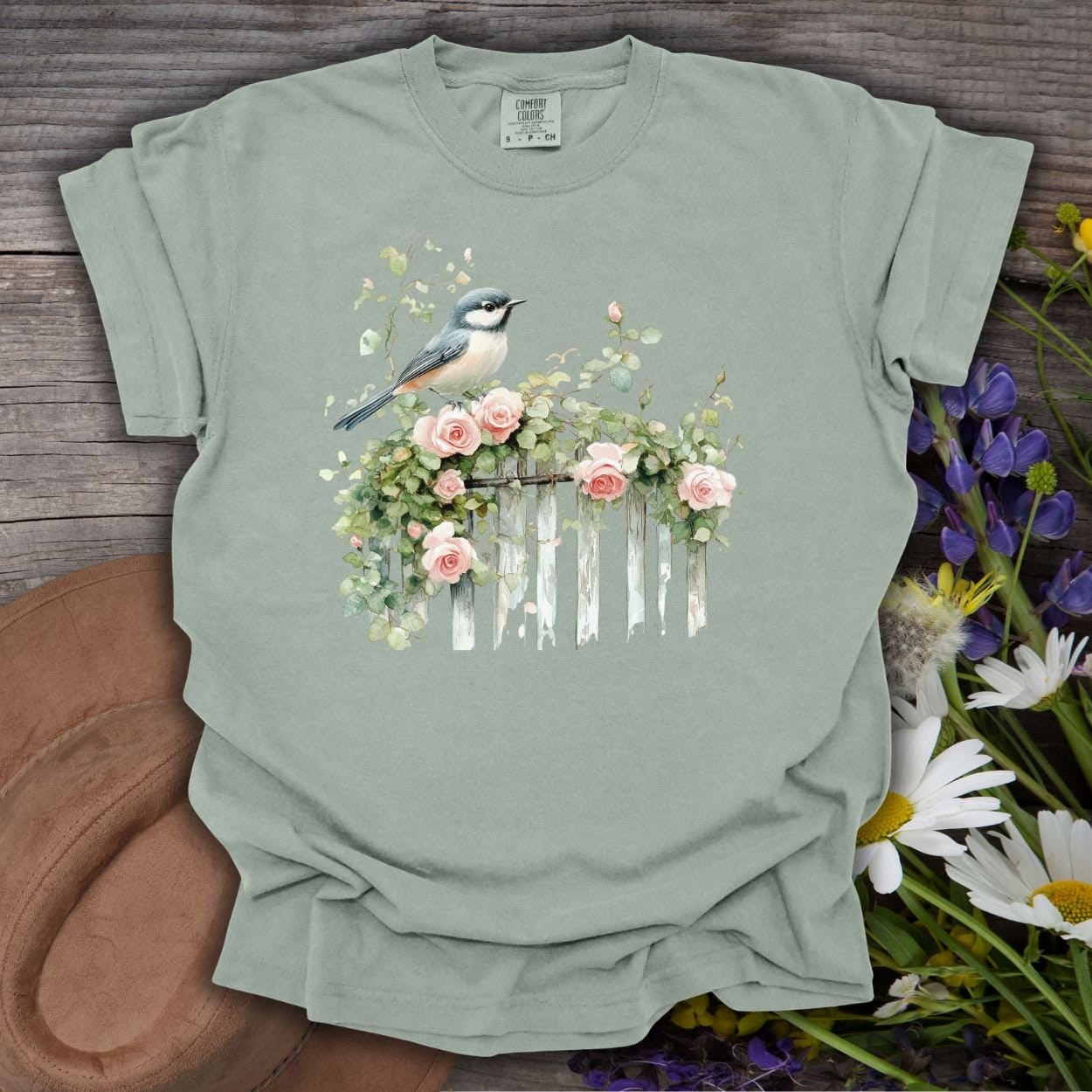 Chickadee on Rose Garden Fence T-Shirt