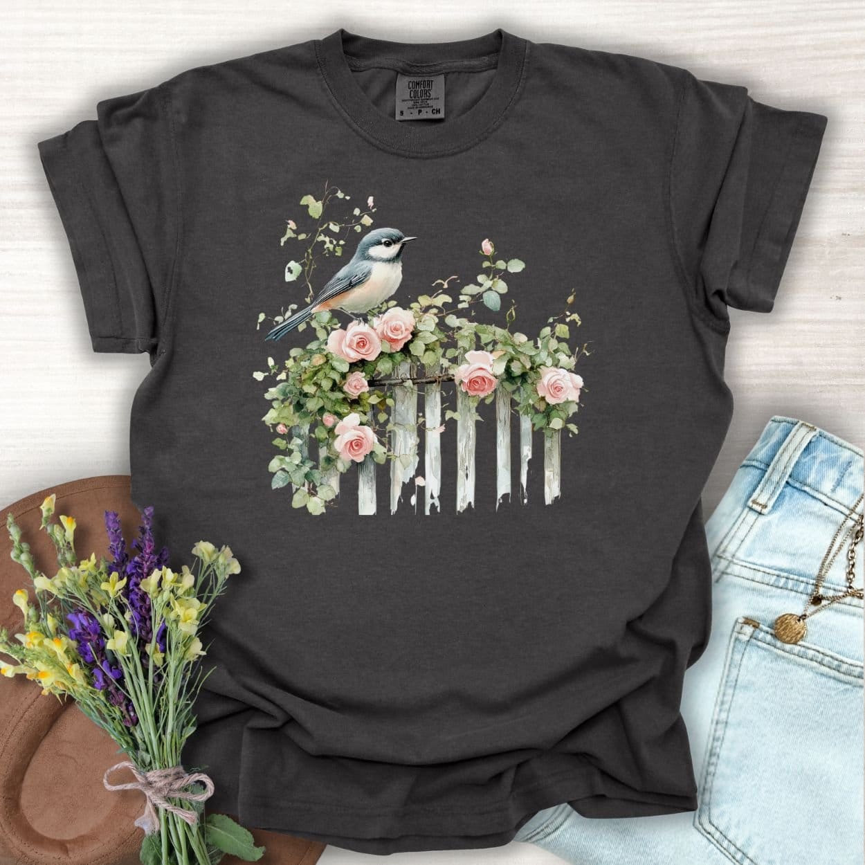 Chickadee on Rose Garden Fence T-Shirt