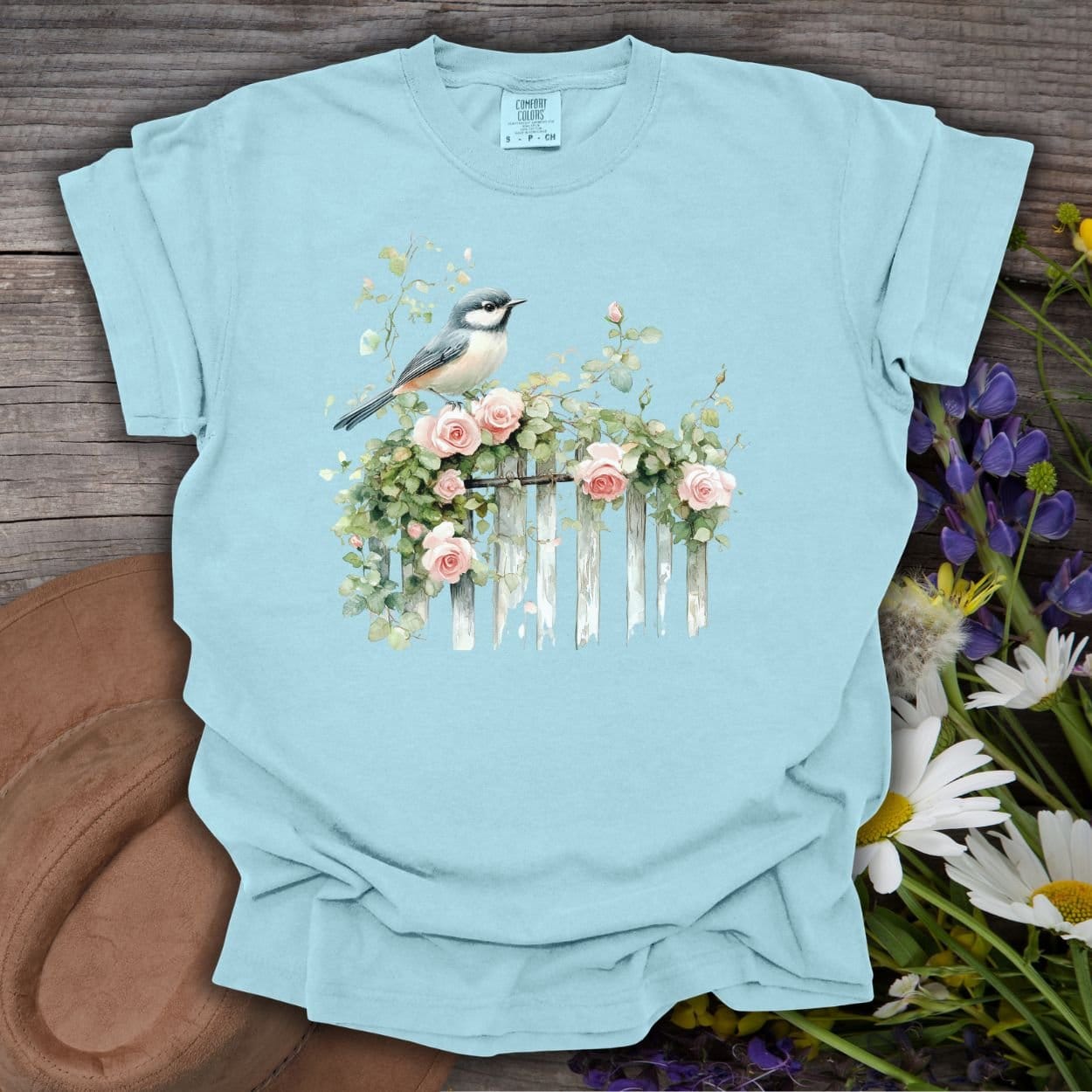 Chickadee on Rose Garden Fence T-Shirt